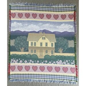 Vintage Woven Cottage House Throw Blanket Hearts Plaid Fringe 53x46 Cottagecore